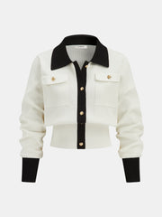 Metal Button Contrast Trim Knit Top