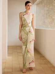 Printed Semi-Sheer Mesh Maxi Dress