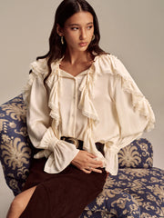 Ruffled Lace Trim Bell Sleeve Shirt