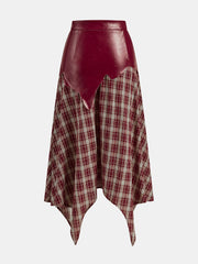 Faux Leather Panel Asymmetric Plaid Midi Skirt