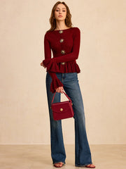 Metal Detail Ruffled Hem Knit Top