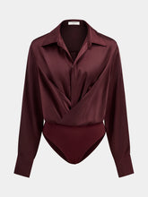 Collared Draped Satin Long Sleeve Bodysuit