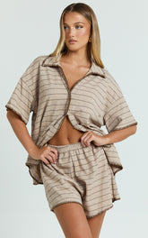 Laura Two Piece Set - Stripe Waffle Knit Shirt & Short Set in Brown/Cream Stripe