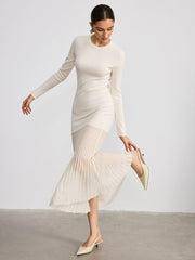Mesh Panel Hem Long Sleeve Knit Maxi Dress