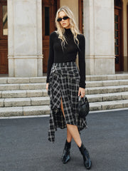 Plaid Asymmetric High-Slit Midi Skirt
