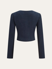 Ribbed Crew Neck Metal Button Blouse