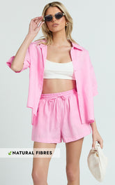 Ramona Top - Linen Short Sleeve Shirt in Pink