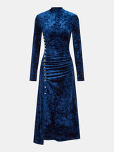 Metal Button Ruched Velvet Maxi Dress