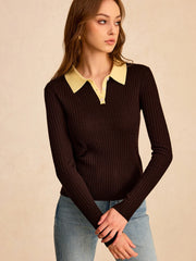 Contrast Collar Wool Blend Polo Knit Top
