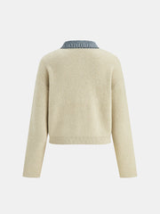 Denim Panel Zipper-Form Knit Cardigan