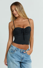 Clare Top - Gathered Front Bow Strappy Crop Top in Black