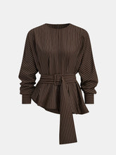 Belted Pinstripe Asymmetric Blouse