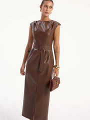 PU Leather Sleeveless Belted Midi Dress