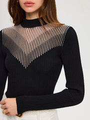 Striped Mesh Panel Ribbed Knit Top