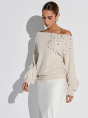 Rhinestone-Embellished Off-Shoulder Sweater