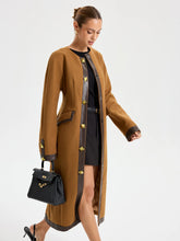 Faux Leather Trim Tweed Long Coat