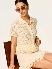 Fringed Mesh-Knit Polo Short Sleeve Top