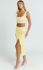 Gibson Two Piece Set - Linen Crop Top and Knot Front Midi Skirt Set in Yellow