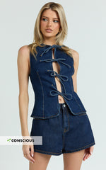 Benny Top - Tie Front Recycled Denim Top in Indigo Wash