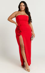 Ebby Maxi Dress - Strapless Rosette Thigh Split Dress in Red