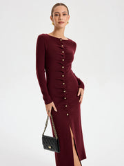 Elegant Long Sleeve Wide Neck Button Front Knit Dress