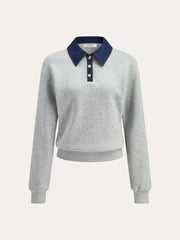 Denim Collar Metal Button Polo Sweatshirt