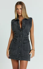 Jasse Mini Dress - Button Through Denim Dress in Washed Black