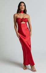 Cady Maxi Dress - Ruched Bust Rosette Detail Satin Dress in Red