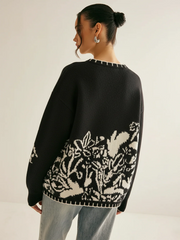 Floral Pattern V-Neck Sweater