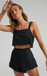 Zanrie Two Piece Set - Linen Square Neck Crop Top and High Waist Mini Flare Shorts Set in Black