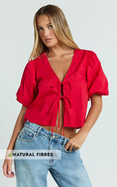 Dana Top - Bow Tie Front Puff Sleeve Blouse in Red