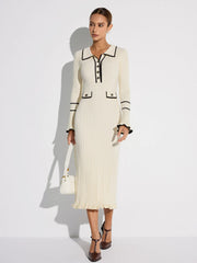 Contrast Trim Buttoned Ribbed Sweater Dress