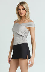 Annalisa Top - Gathered Off Shoulder Asymmetric Top in Pale Grey