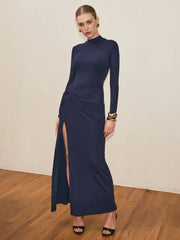 Mock Neck Ruched Slit Maxi Dress