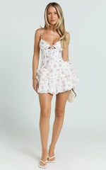Justine Mini Dress - Strappy Tie Front Corset Waist Ruffle Hem Dress in Romantic Ditsy Print