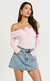 Seraphina Bodysuit - Off Shoulder Long Sleeve Detachable Rosette Mesh Bodysuit in Baby Pink