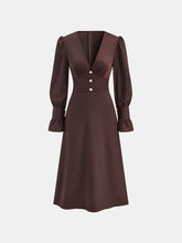 V-Neck Puff Sleeve Button Fitted Dress