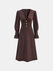 V-Neck Puff Sleeve Button Fitted Dress