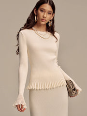 Ribbed Knit Mesh Ruffled Hem Bell Sleeve Top