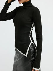 Turtleneck Contrast Trim Slit Wool Blend Knit Top