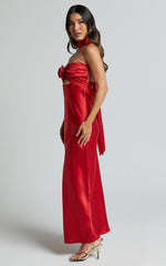 Cady Maxi Dress - Ruched Bust Rosette Detail Satin Dress in Red