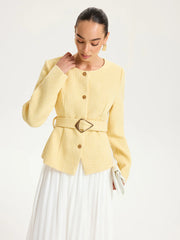 Tweed Belted Button-Front Blazer