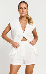 Marlee Two Piece Set - Linen Button Through Vest and Shorts Set in White