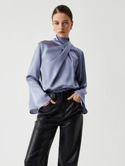 Asymmetric Pleated Turtleneck Satin Blouse