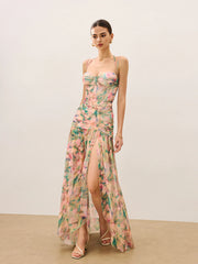 Floral Print Ruched Cami Dress With High Split