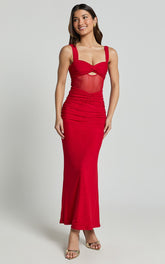 Adalee Midi Dress- Sheer Panel Ruched Bust Dress in Red