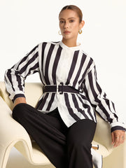 Contrast Striped Belted Shirt