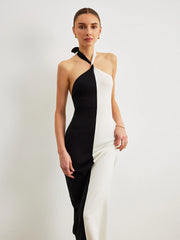 Color Block Halter Knotted Backless Long Dress