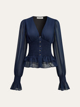 Mesh-Paneled Ruffled Hem Smocked Waist Blouse