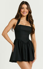 Helda Mini Dress - Halter Tie Neck Corset Panel Dress in Black
